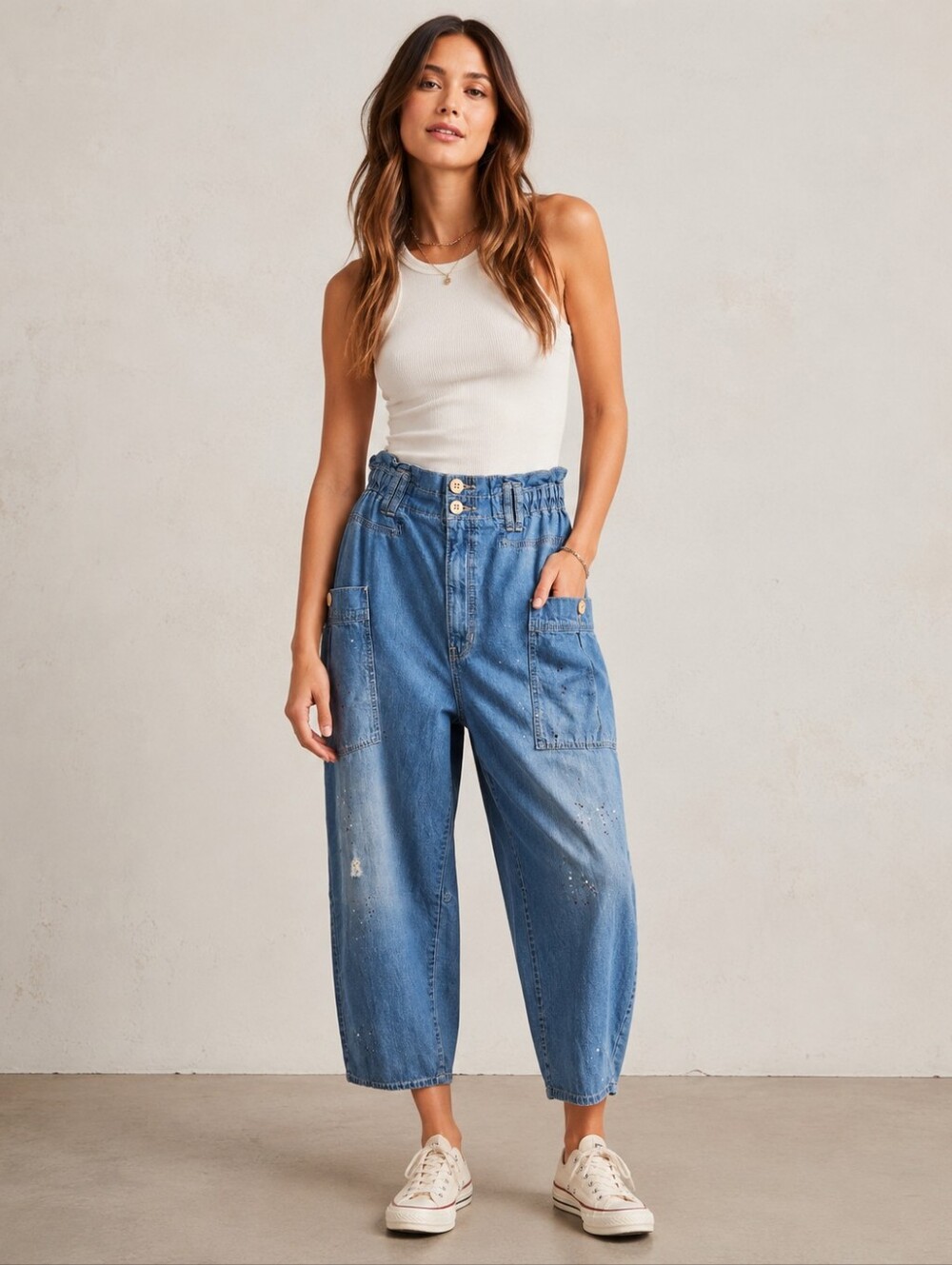 We The Free People Denim Cargo Barrel Jeans Paint Splatter Size Large Descripti